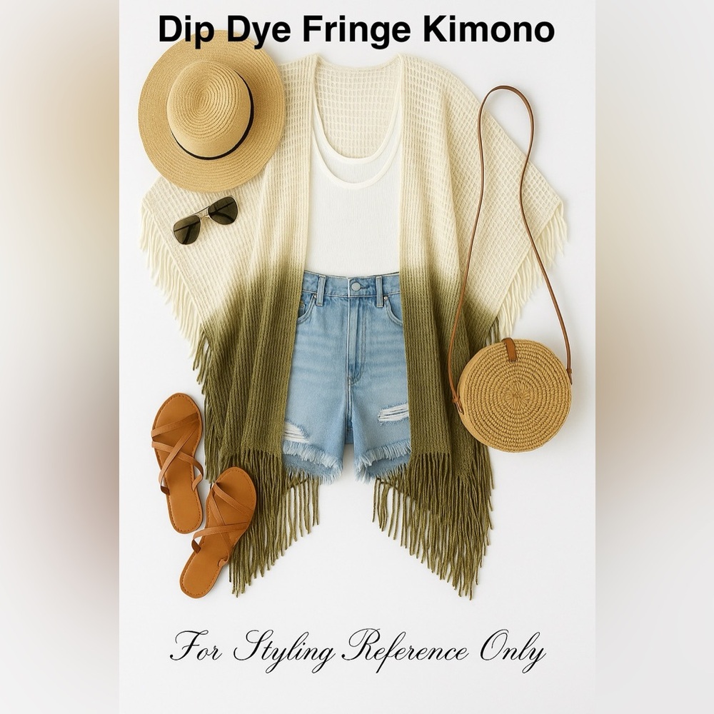 Boho Dip Dye Fringe Kimono | One Size | Ivory & Olive Green